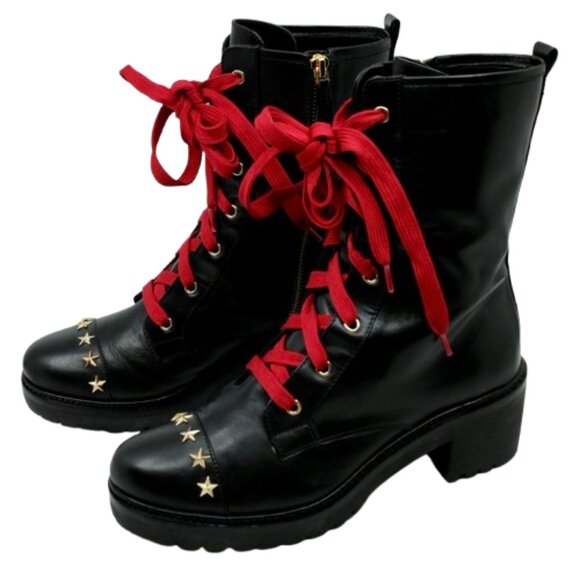 MICHAEL KORS~Cody~Zip Front Lace Up Gold Star Ankle Moto Boots Black Leather~8M - Picture 1 of 6